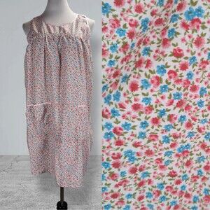 Vintage Calico Floral House Dress Nightgown  Size L Print Pockets Cotton